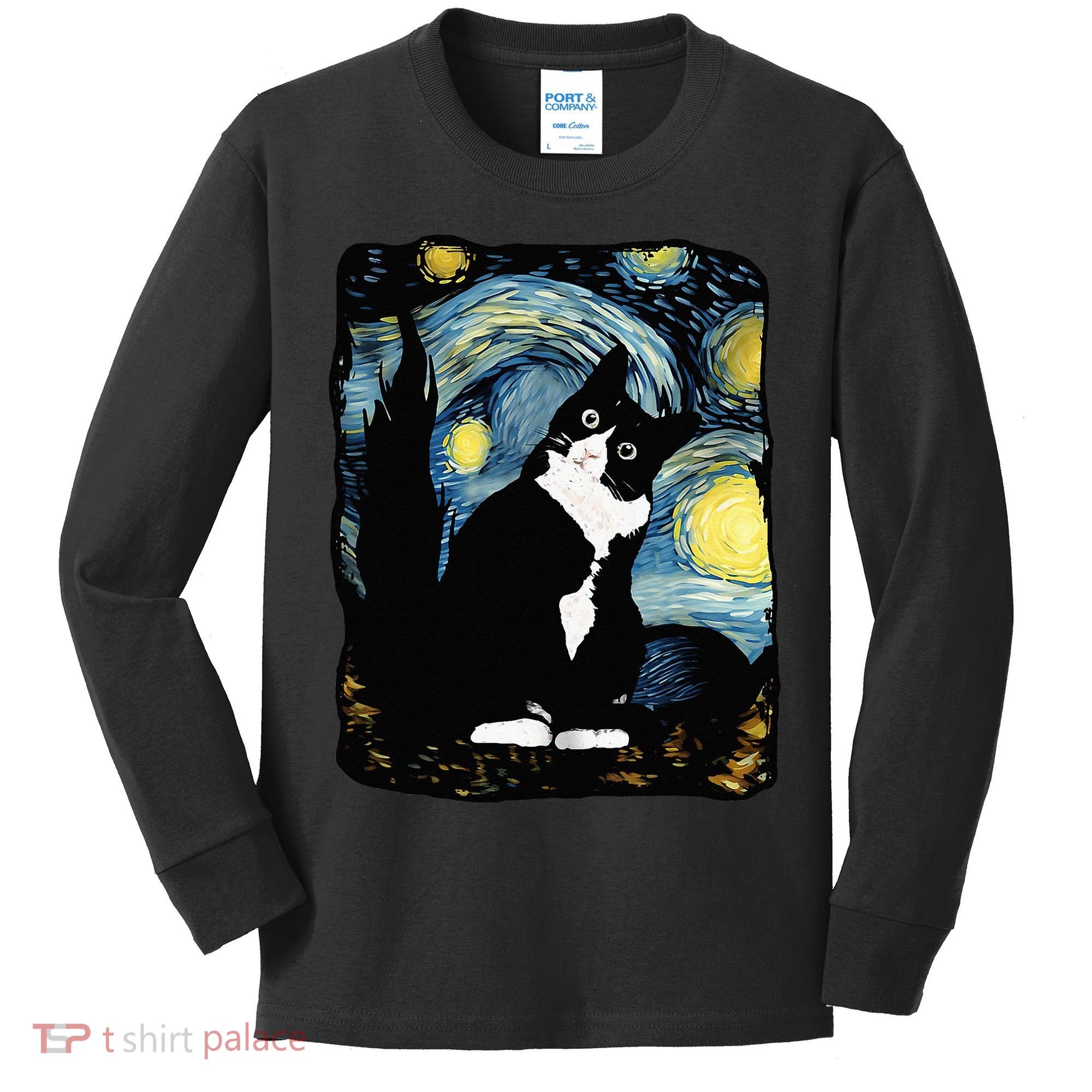 Tuxedo Cat Starry Night Van Gogh Cat Cat Art Cat Mom Dad Kids Long Sleeve Shirt