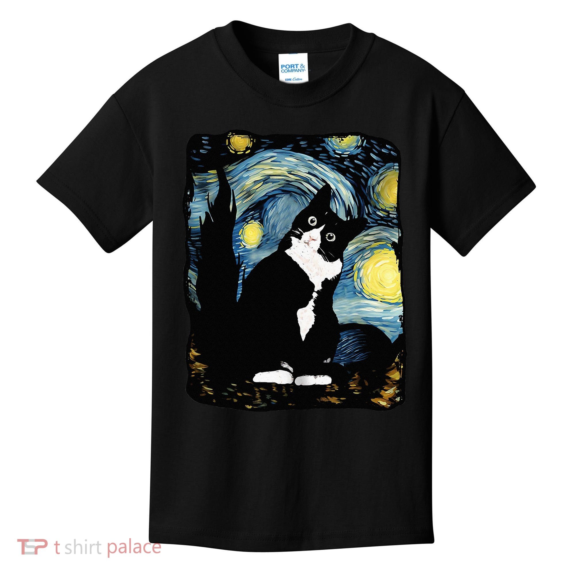Tuxedo Cat Starry Night Van Gogh Cat Cat Art Cat Mom Dad Kids T-Shirt