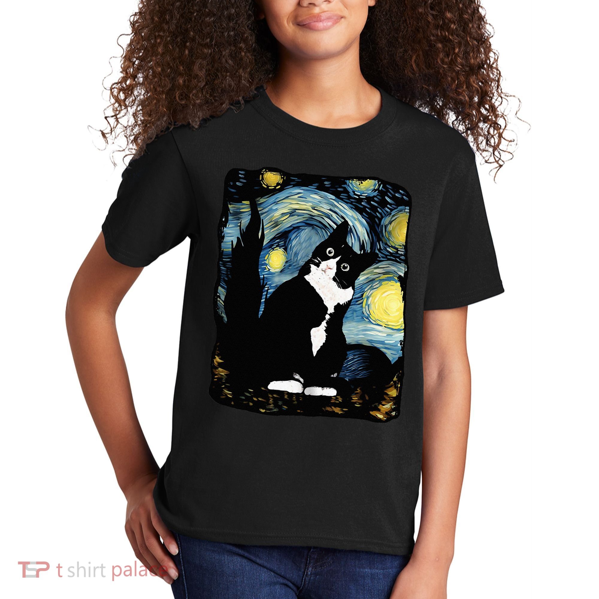 Tuxedo Cat Starry Night Van Gogh Cat Cat Art Cat Mom Dad Kids T-Shirt