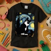 Tuxedo Cat Starry Night Van Gogh Cat Cat Art Cat Mom Dad Kids T-Shirt thumb 3