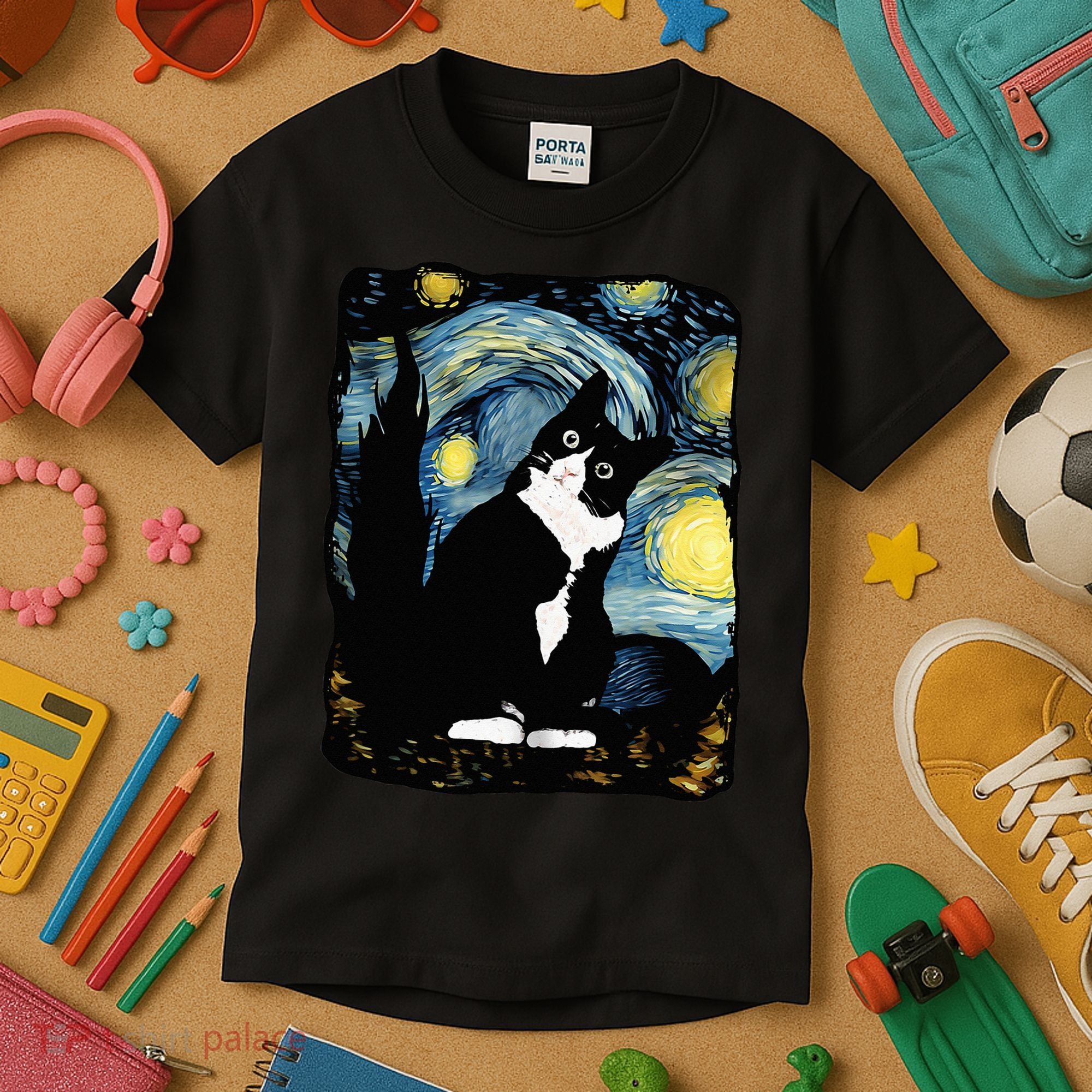Tuxedo Cat Starry Night Van Gogh Cat Cat Art Cat Mom Dad Kids T-Shirt