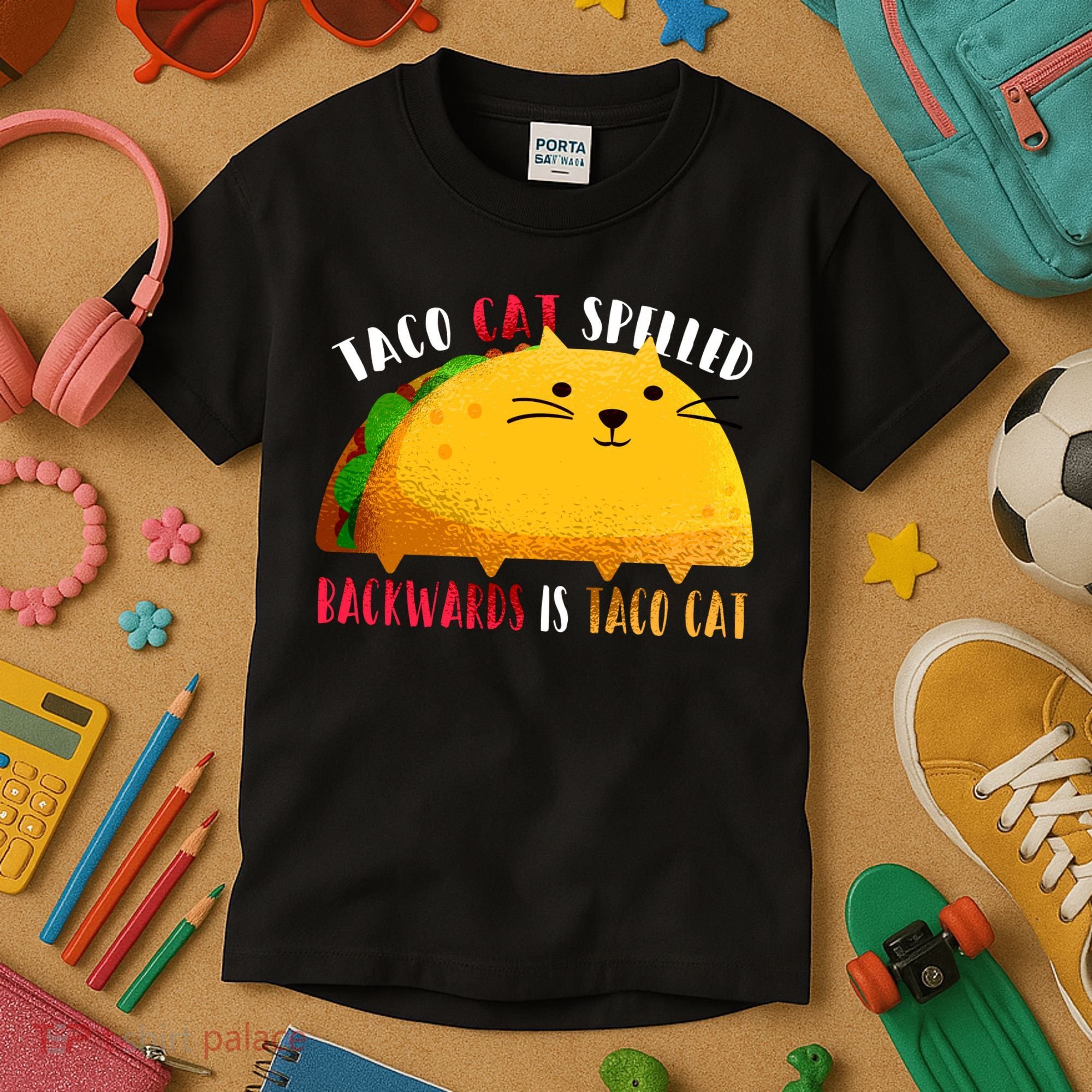 Taco Cat Spelled Backwards Is Taco Cat Funny Mexican Tacos Kids T-Shirt