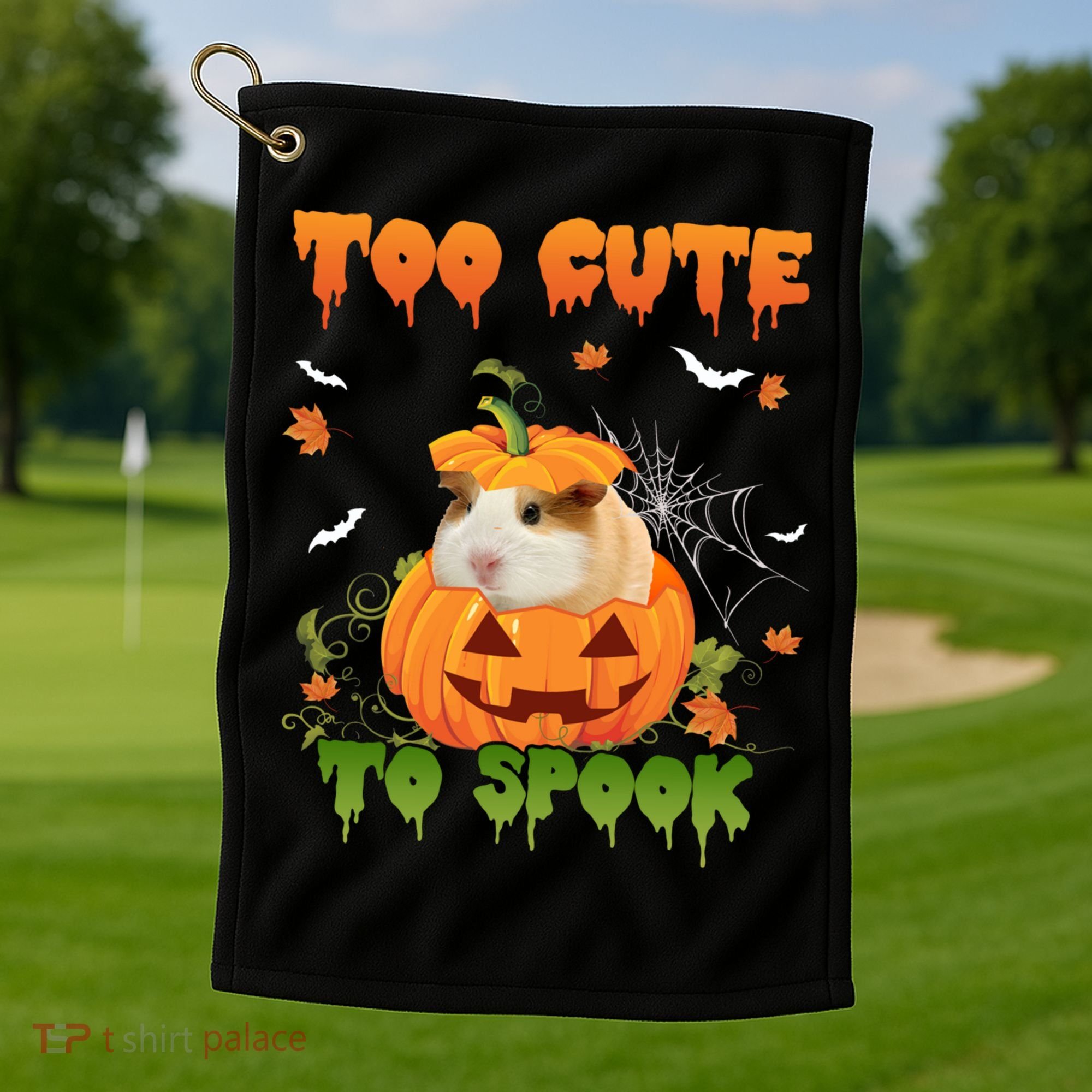 Too Cute To Spook Cute Halloween Pumpkin Hat Guinea Pig Pet Cool Gift Golf Towel