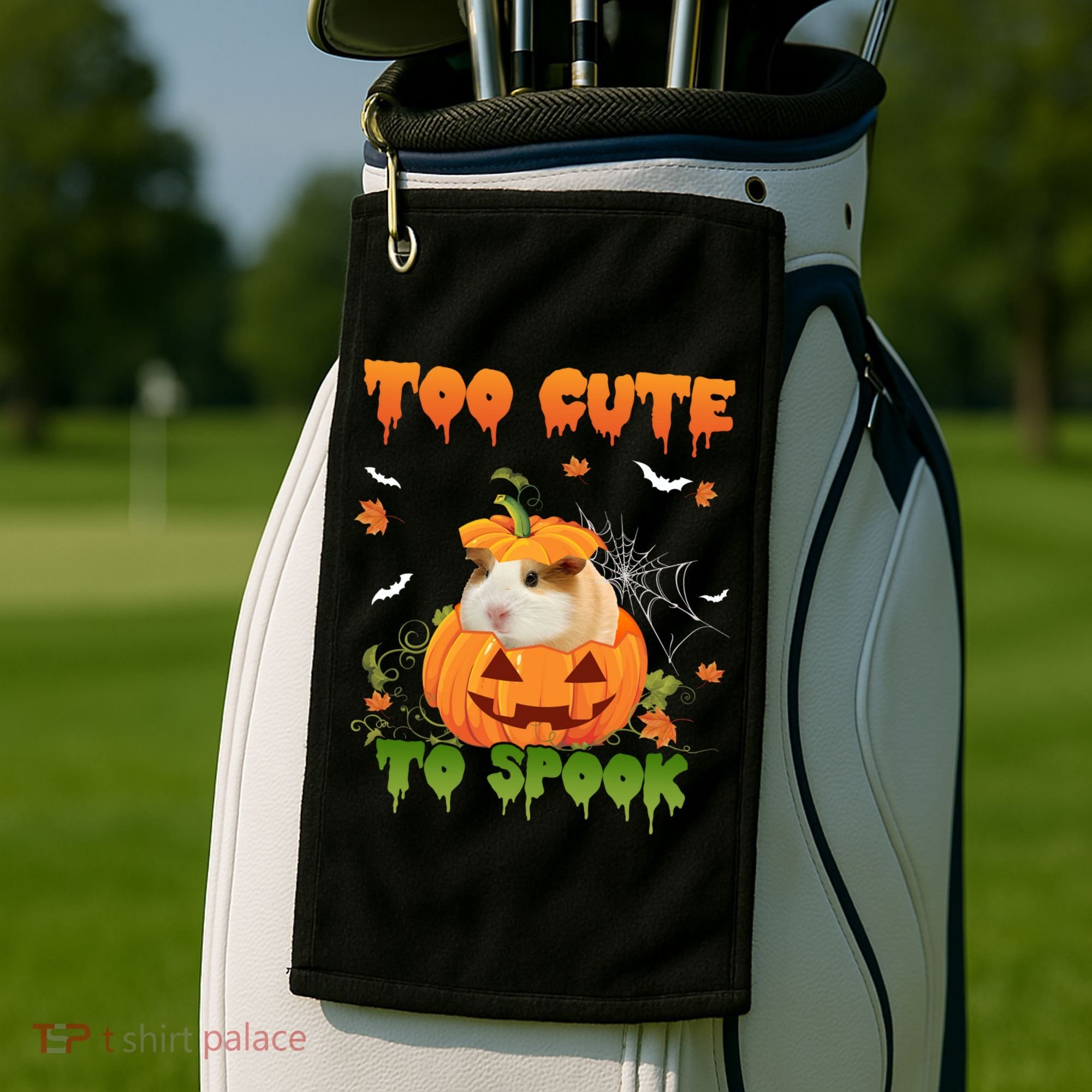 Too Cute To Spook Cute Halloween Pumpkin Hat Guinea Pig Pet Cool Gift Golf Towel