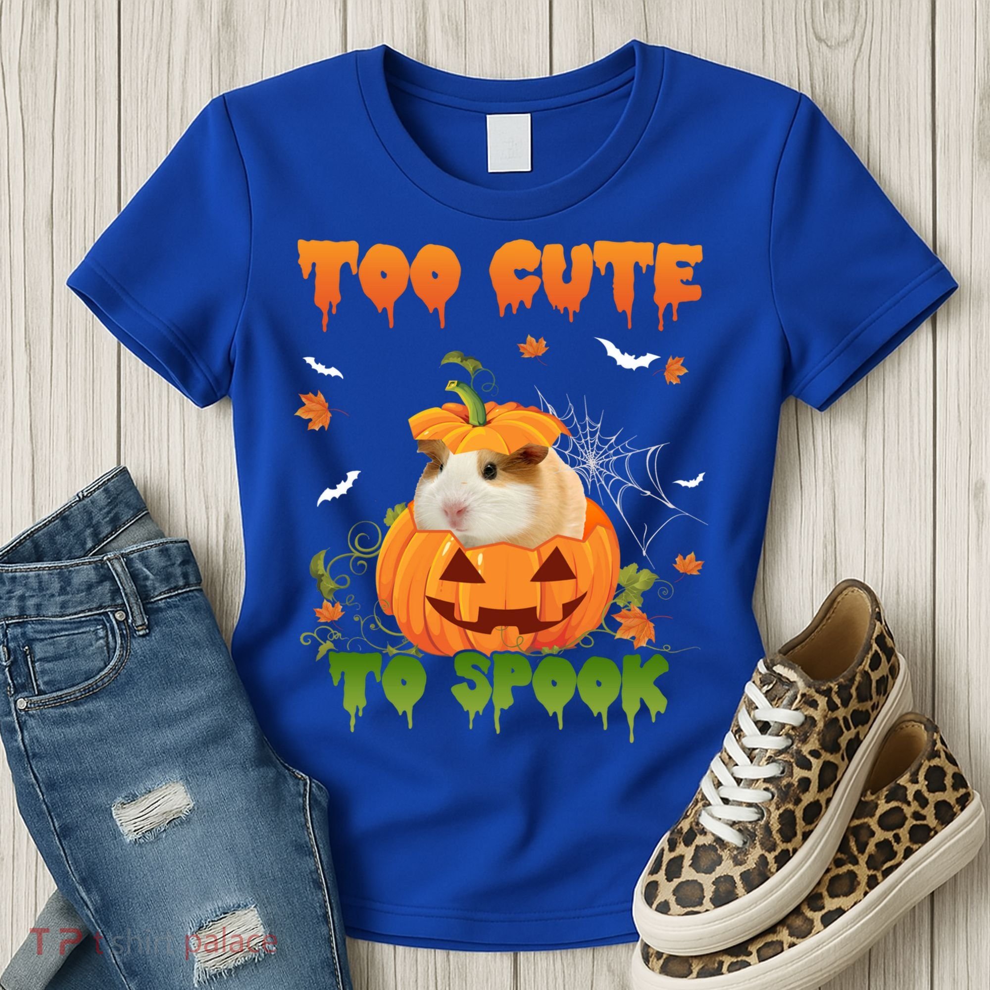Too Cute To Spook Cute Halloween Pumpkin Hat Guinea Pig Pet Cool Gift Women's T-Shirt