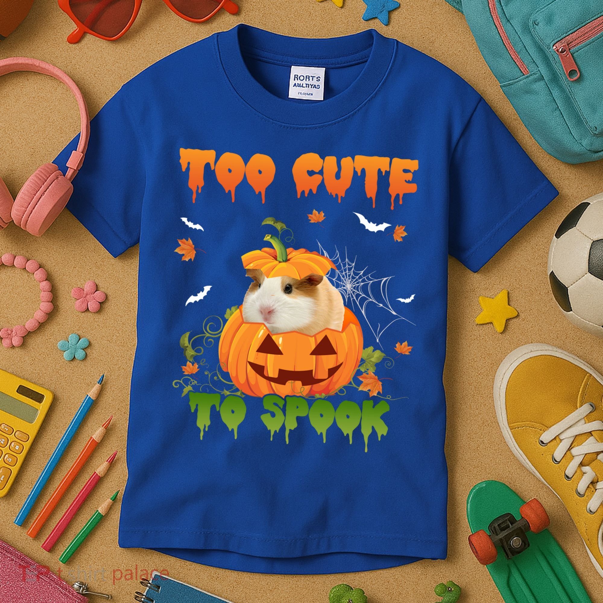 Too Cute To Spook Cute Halloween Pumpkin Hat Guinea Pig Pet Cool Gift Kids T-Shirt