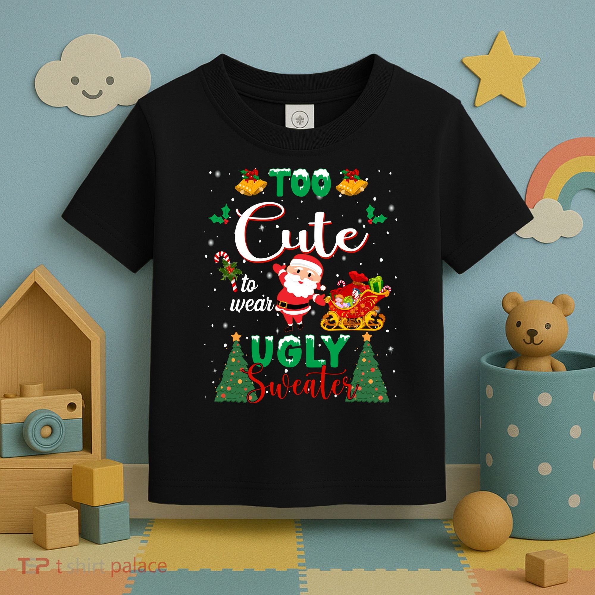 Too Cute To Wear Ugly Sweaters Christmas Toddler T-Shirt
