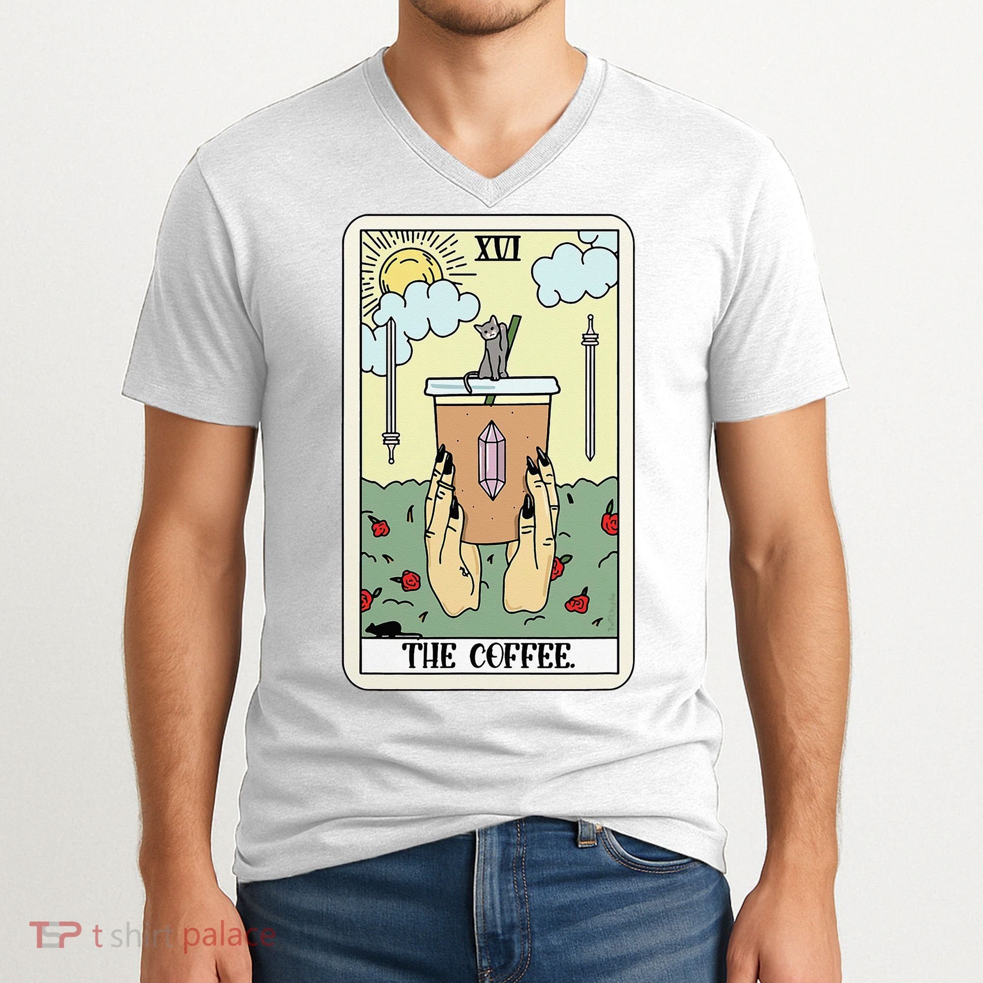 The Coffee Tarot Card Coffee Lover Caffeinated Witchy Hand V-Neck T-Shirt