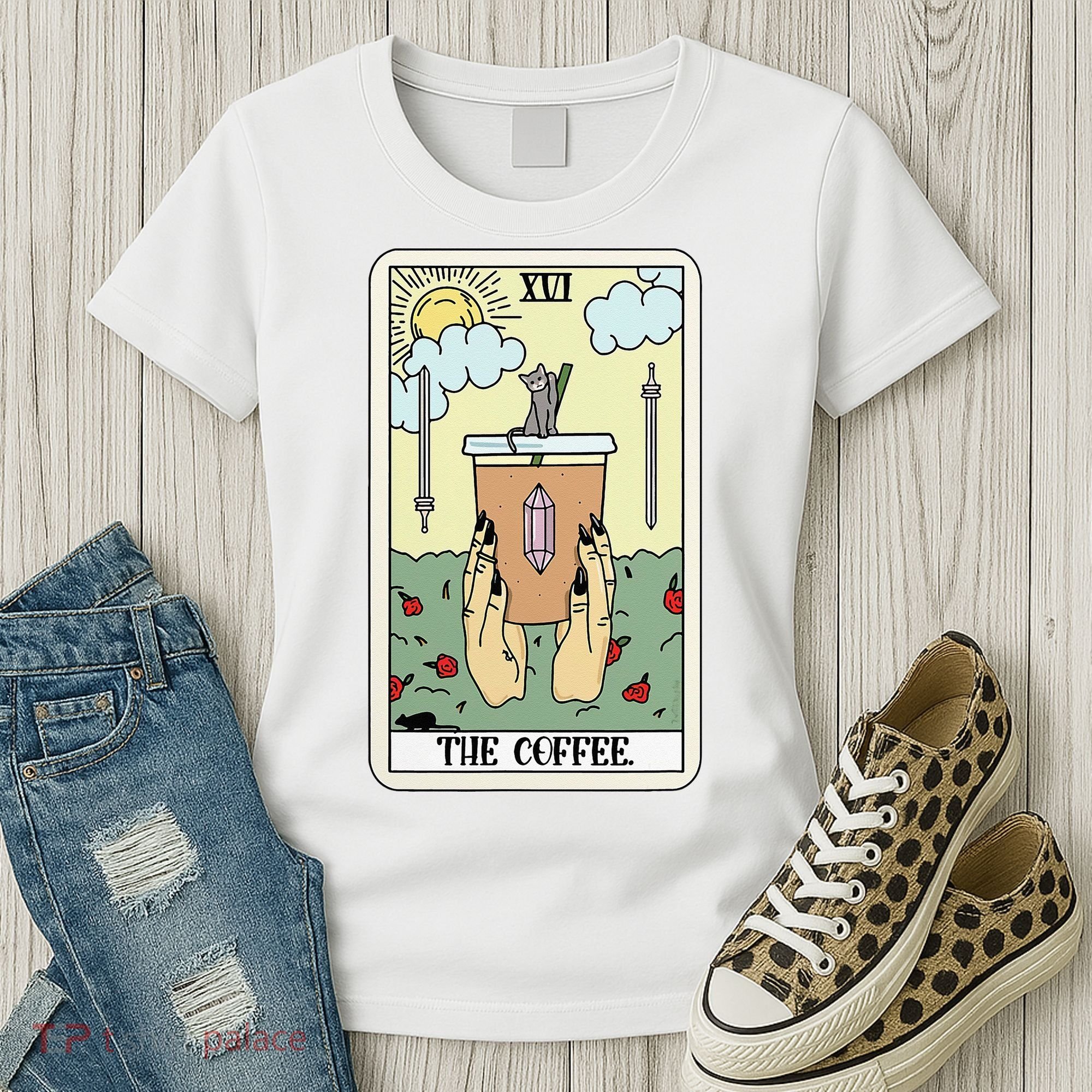 The Coffee Tarot Card Coffee Lover Caffeinated Witchy Hand Women's T-Shirt