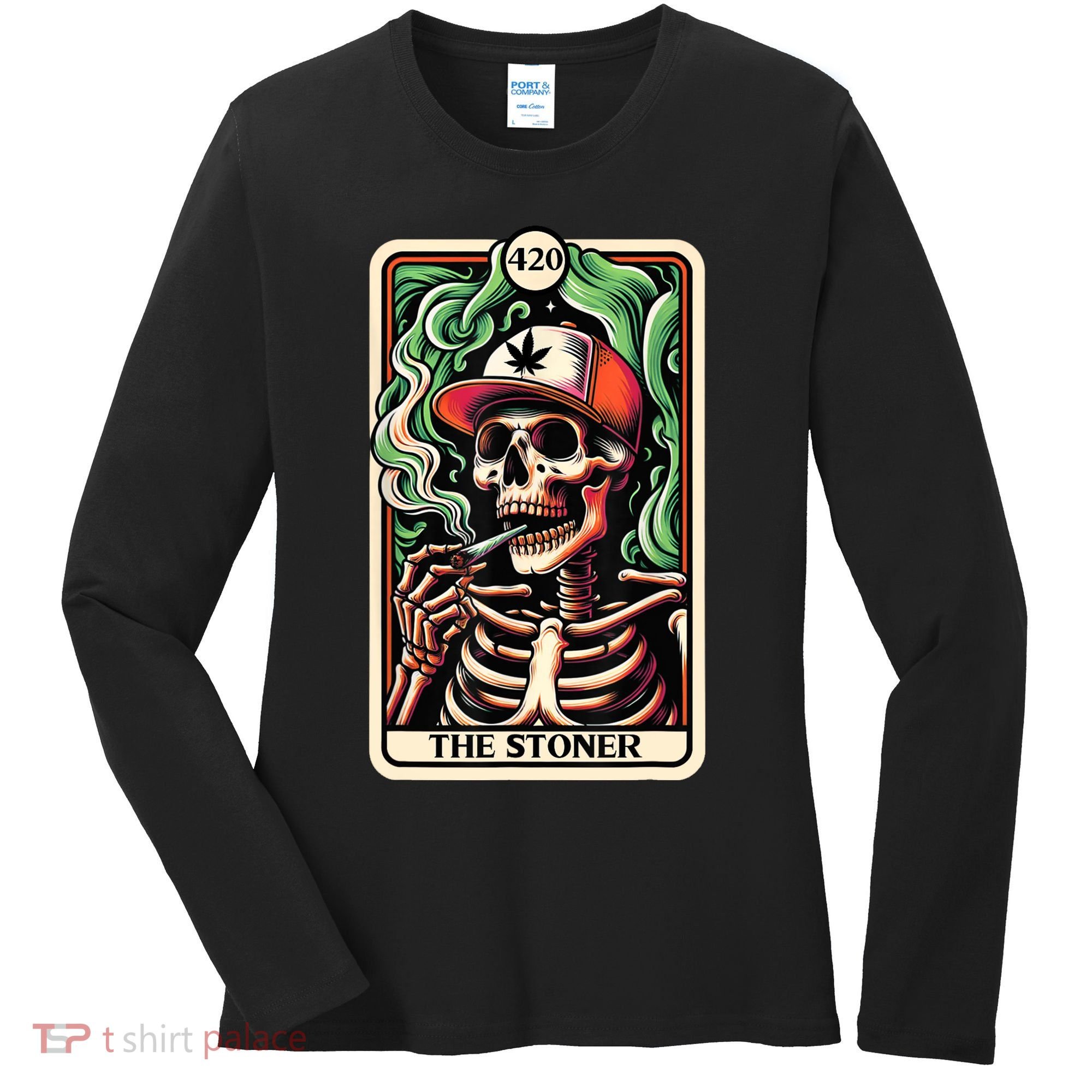 Tarot Card The Stoner Weed Lover Skeleton Cannabis 420 Women's Long Sleeve Shirt
