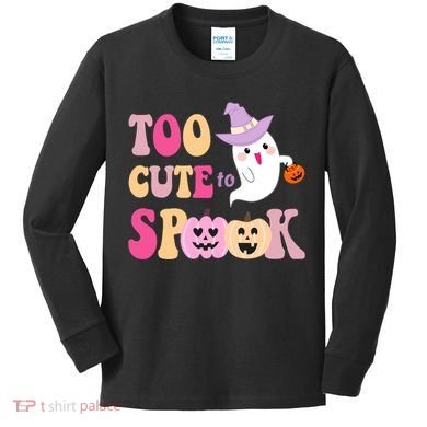 Too Cute To Spook Halloween Groovy Ghost Kids Long Sleeve Shirt