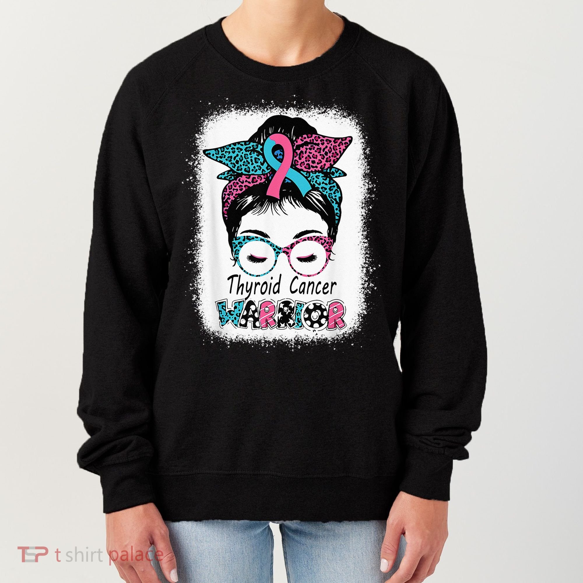 Thyroid Cancer Warrior Awareness Messy Bun Mom Teal Ribbon Women's Sweatshirt