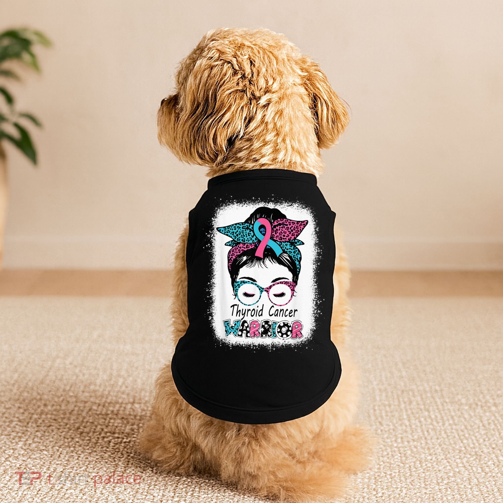 Thyroid Cancer Warrior Awareness Messy Bun Mom Teal Ribbon Doggie Tank