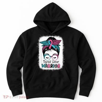 Thyroid Cancer Warrior Awareness Messy Bun Mom Teal Ribbon Hoodie