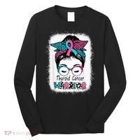 Thyroid Cancer Warrior Awareness Messy Bun Mom Teal Ribbon Long Sleeve Shirt thumb 0