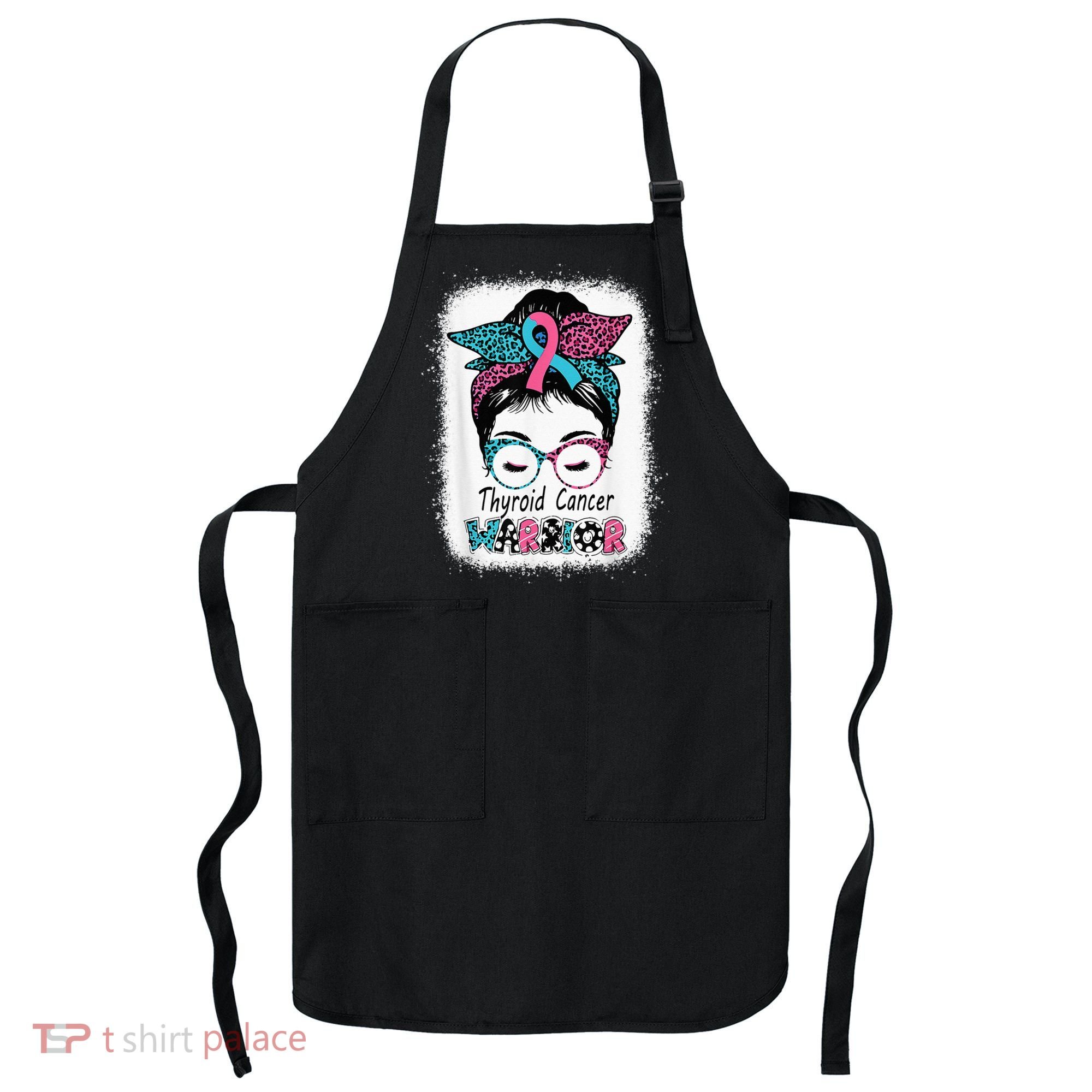 Thyroid Cancer Warrior Awareness Messy Bun Mom Teal Ribbon Apron