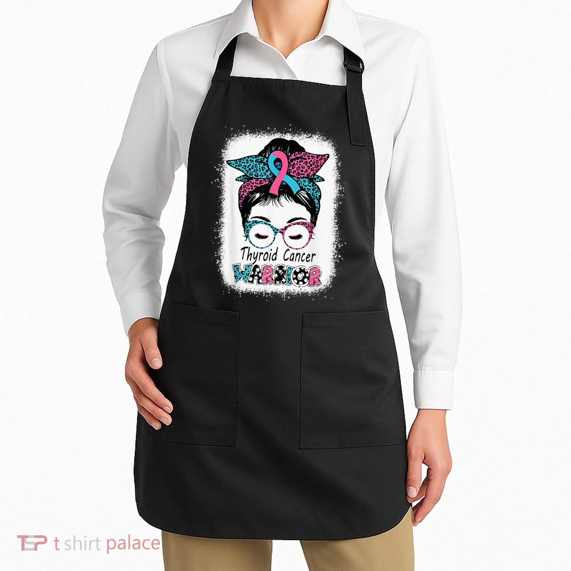 Thyroid Cancer Warrior Awareness Messy Bun Mom Teal Ribbon Apron