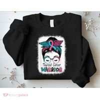 Thyroid Cancer Warrior Awareness Messy Bun Mom Teal Ribbon Sweatshirt thumb 2