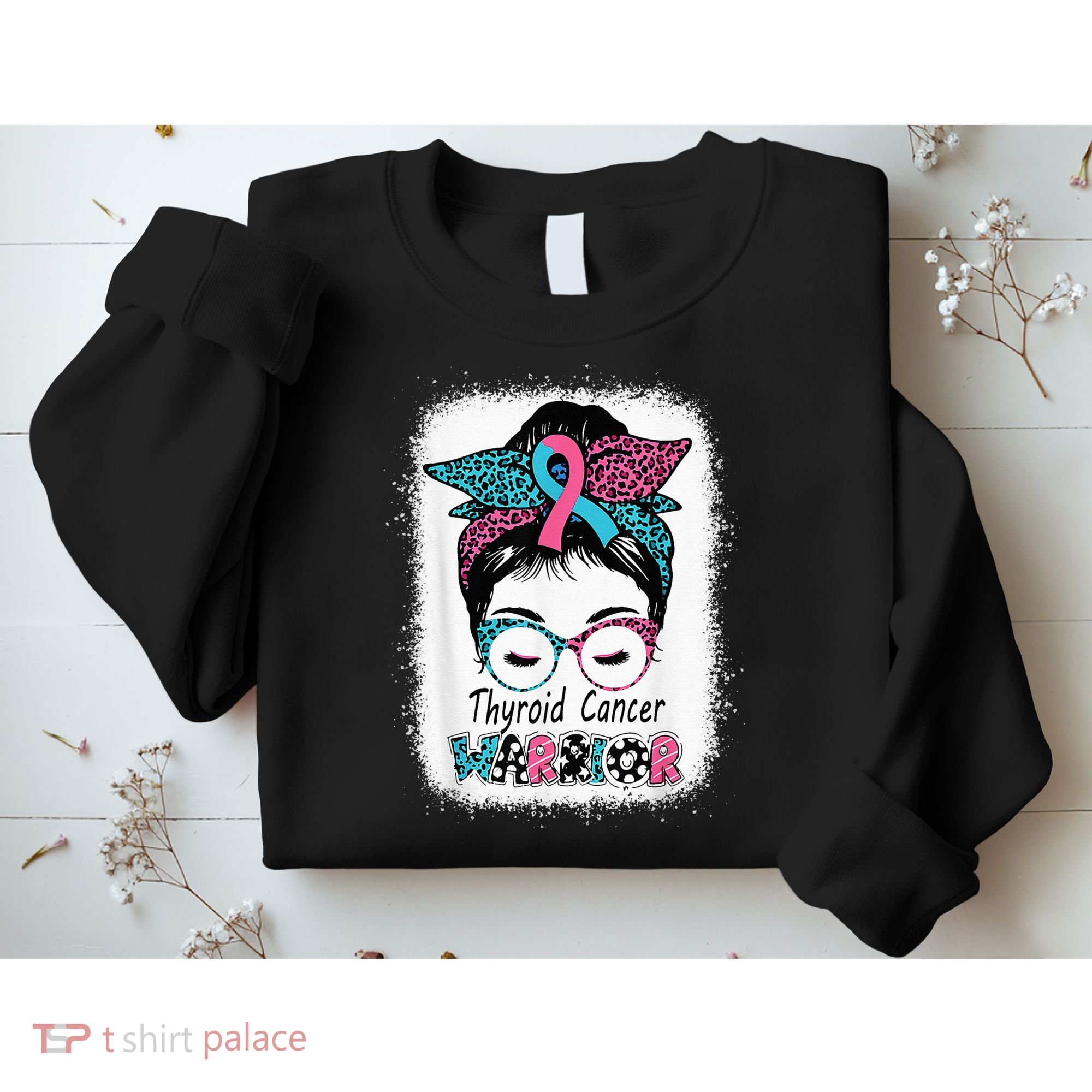 Thyroid Cancer Warrior Awareness Messy Bun Mom Teal Ribbon Sweatshirt