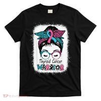 Thyroid Cancer Warrior Awareness Messy Bun Mom Teal Ribbon T-Shirt thumb 0