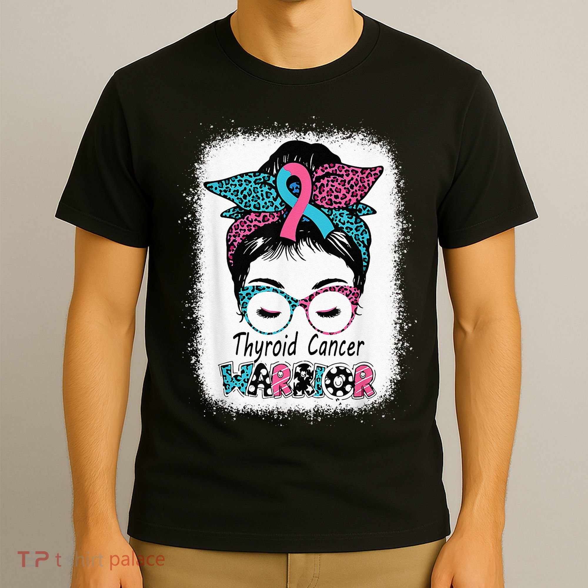 Thyroid Cancer Warrior Awareness Messy Bun Mom Teal Ribbon T-Shirt