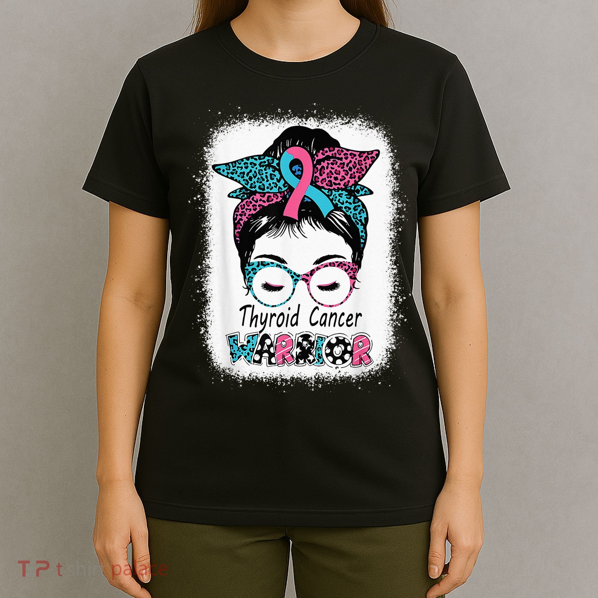 Thyroid Cancer Warrior Awareness Messy Bun Mom Teal Ribbon T-Shirt