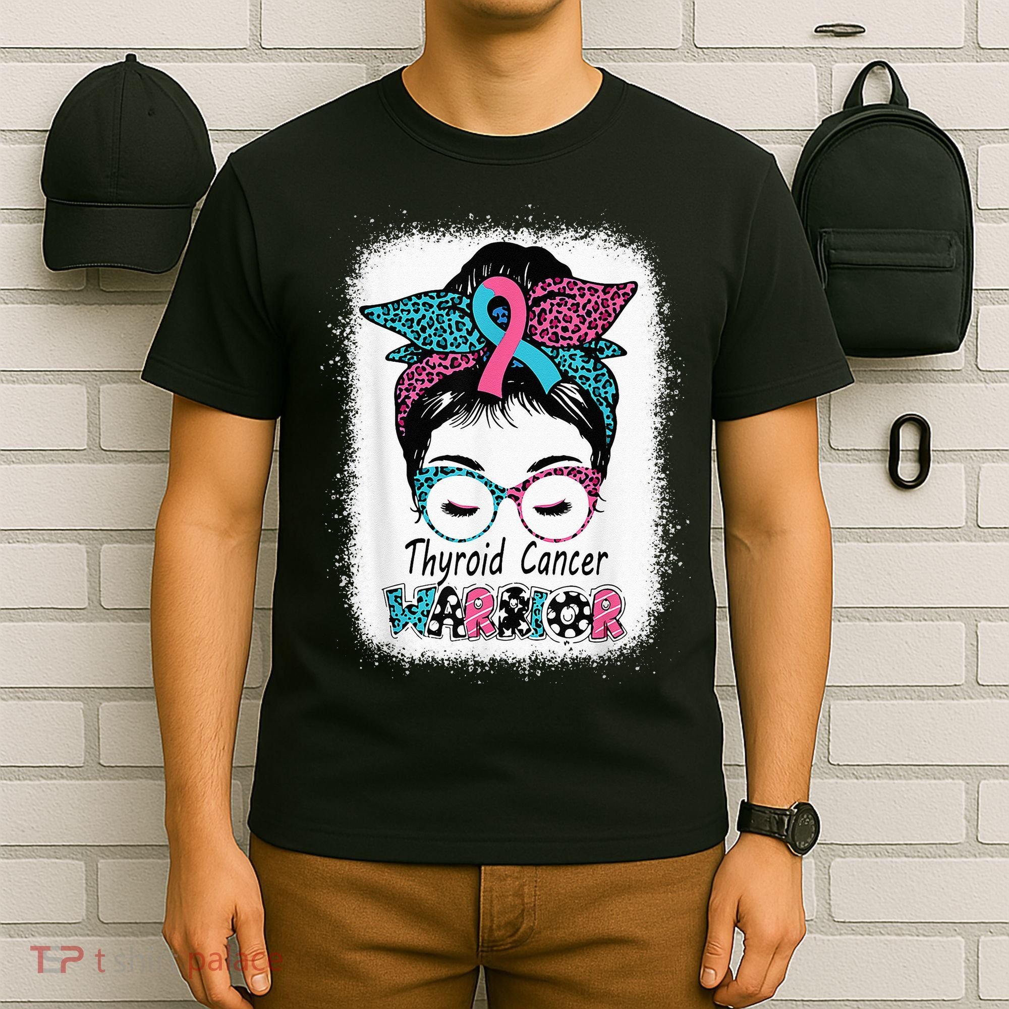 Thyroid Cancer Warrior Awareness Messy Bun Mom Teal Ribbon T-Shirt