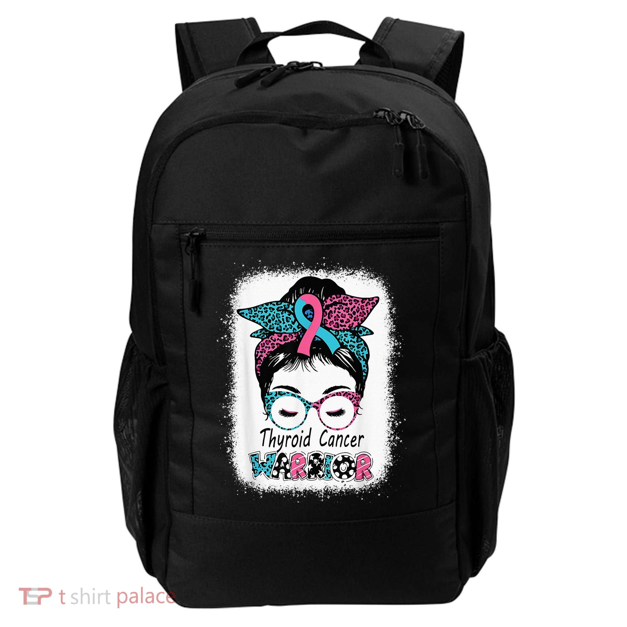 Thyroid Cancer Warrior Awareness Messy Bun Mom Teal Ribbon Backpack