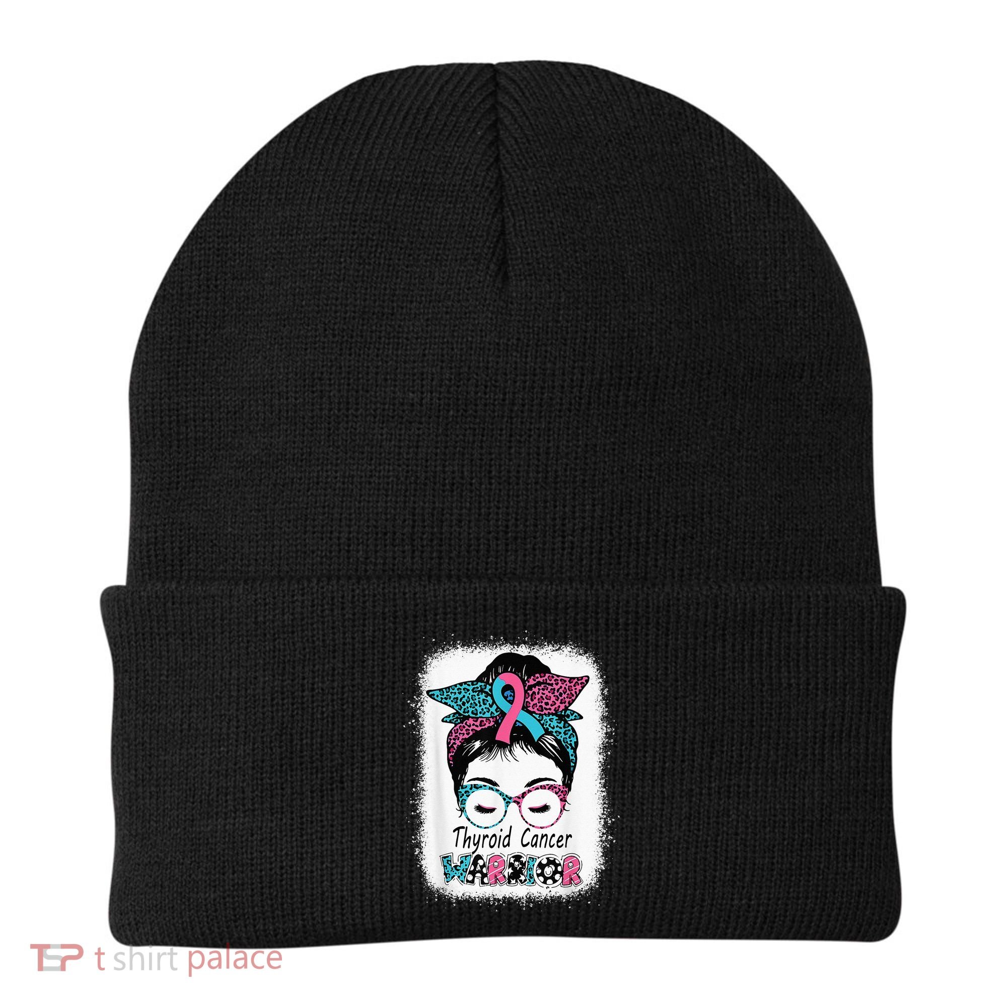 Thyroid Cancer Warrior Awareness Messy Bun Mom Teal Ribbon Beanie