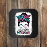 Thyroid Cancer Warrior Awareness Messy Bun Mom Teal Ribbon Coaster thumb 0