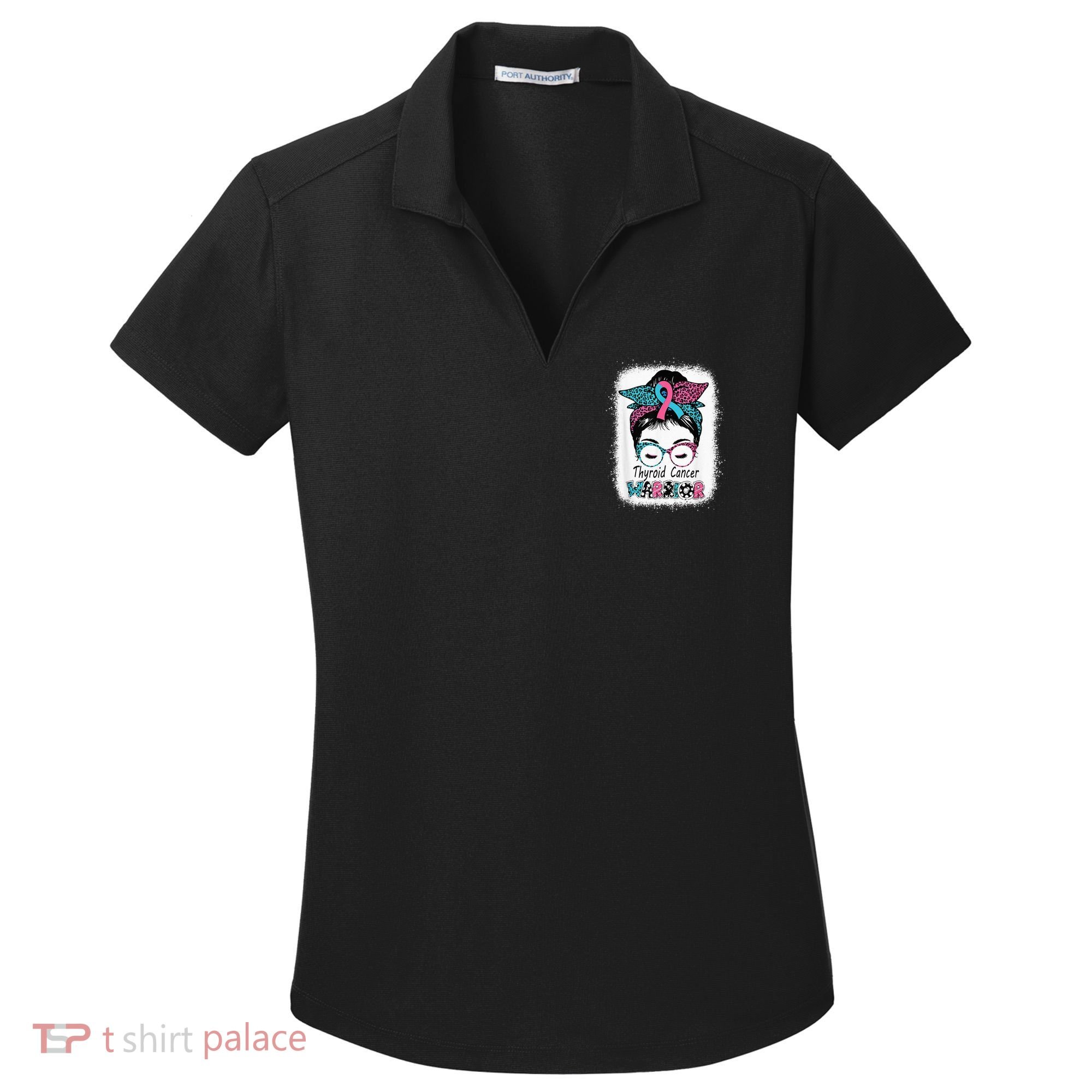Thyroid Cancer Warrior Awareness Messy Bun Mom Teal Ribbon Women's Dry Zone Grid Polo
