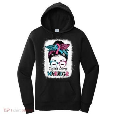 Thyroid Cancer Warrior Awareness Messy Bun Mom Teal Ribbon Women's Hoodie