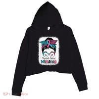 Thyroid Cancer Warrior Awareness Messy Bun Mom Teal Ribbon Crop Fleece Hoodie thumb 0