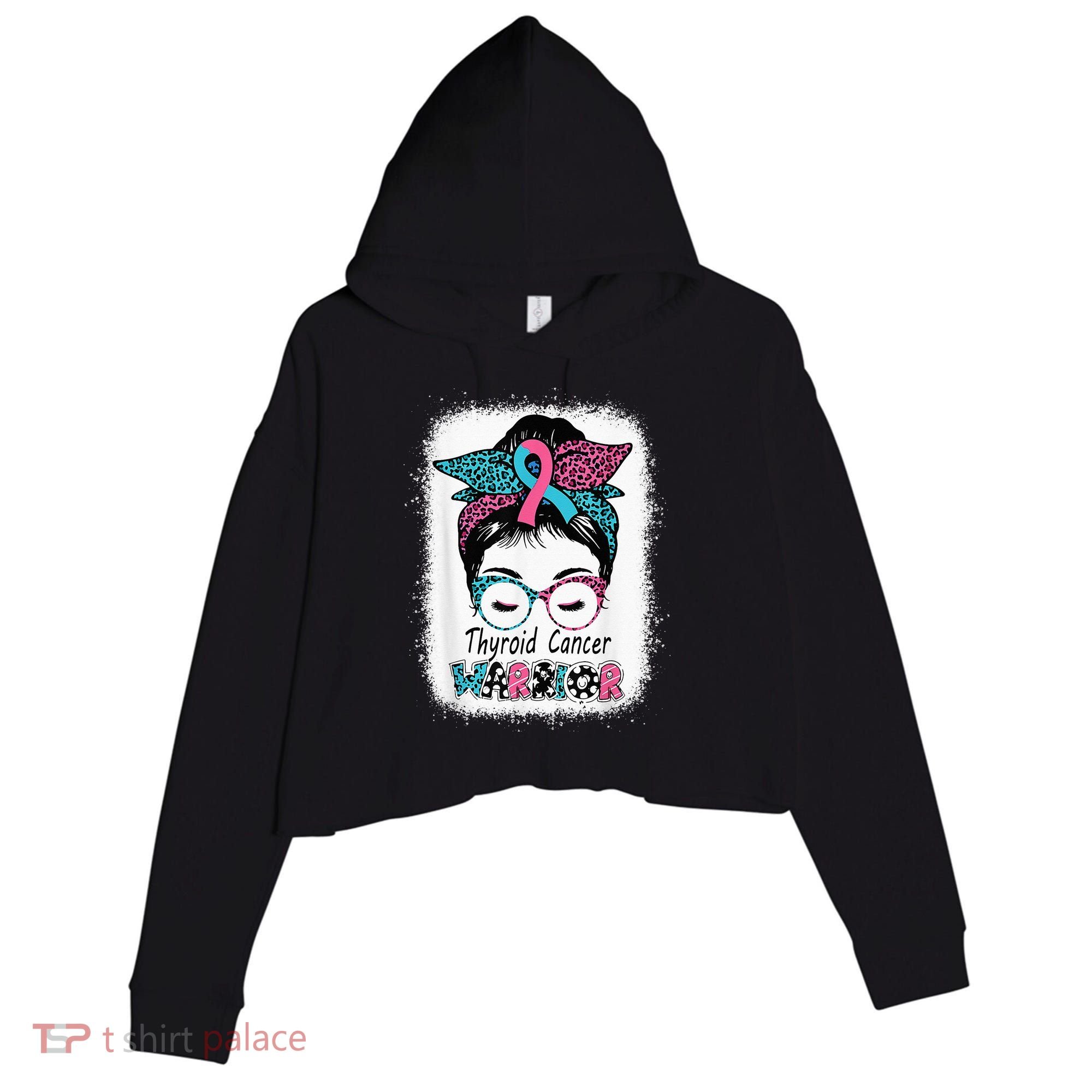 Thyroid Cancer Warrior Awareness Messy Bun Mom Teal Ribbon Crop Fleece Hoodie