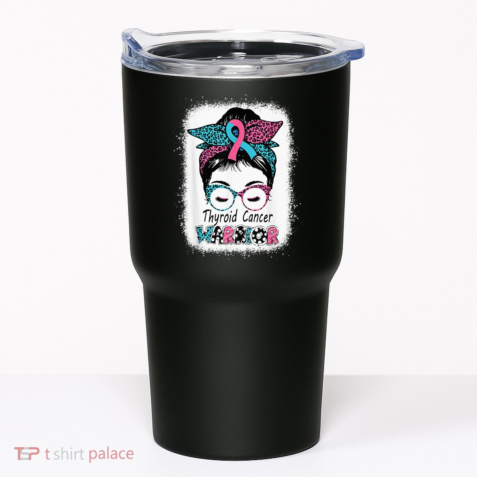 Thyroid Cancer Warrior Awareness Messy Bun Mom Teal Ribbon Tumbler