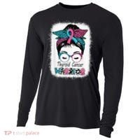 Thyroid Cancer Warrior Awareness Messy Bun Mom Teal Ribbon Cooling Performance Long Sleeve Crew thumb 0