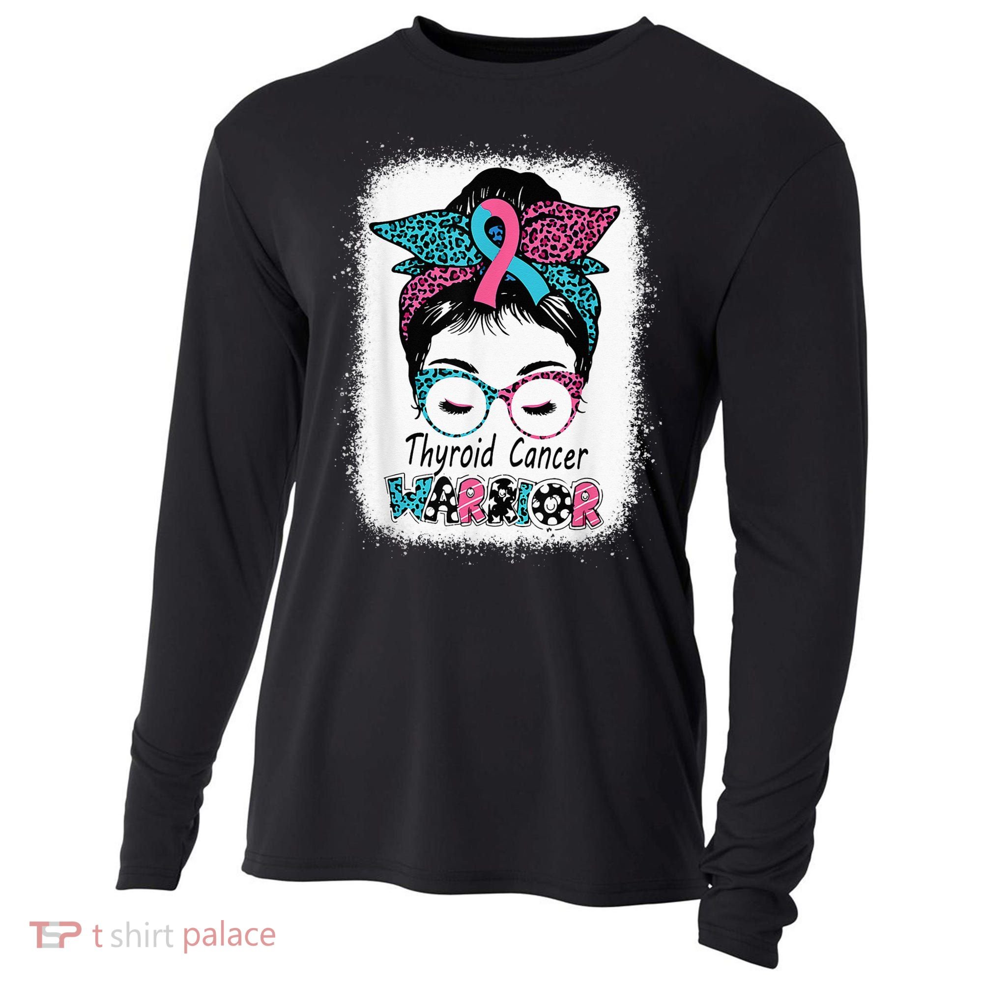 Thyroid Cancer Warrior Awareness Messy Bun Mom Teal Ribbon Cooling Performance Long Sleeve Crew