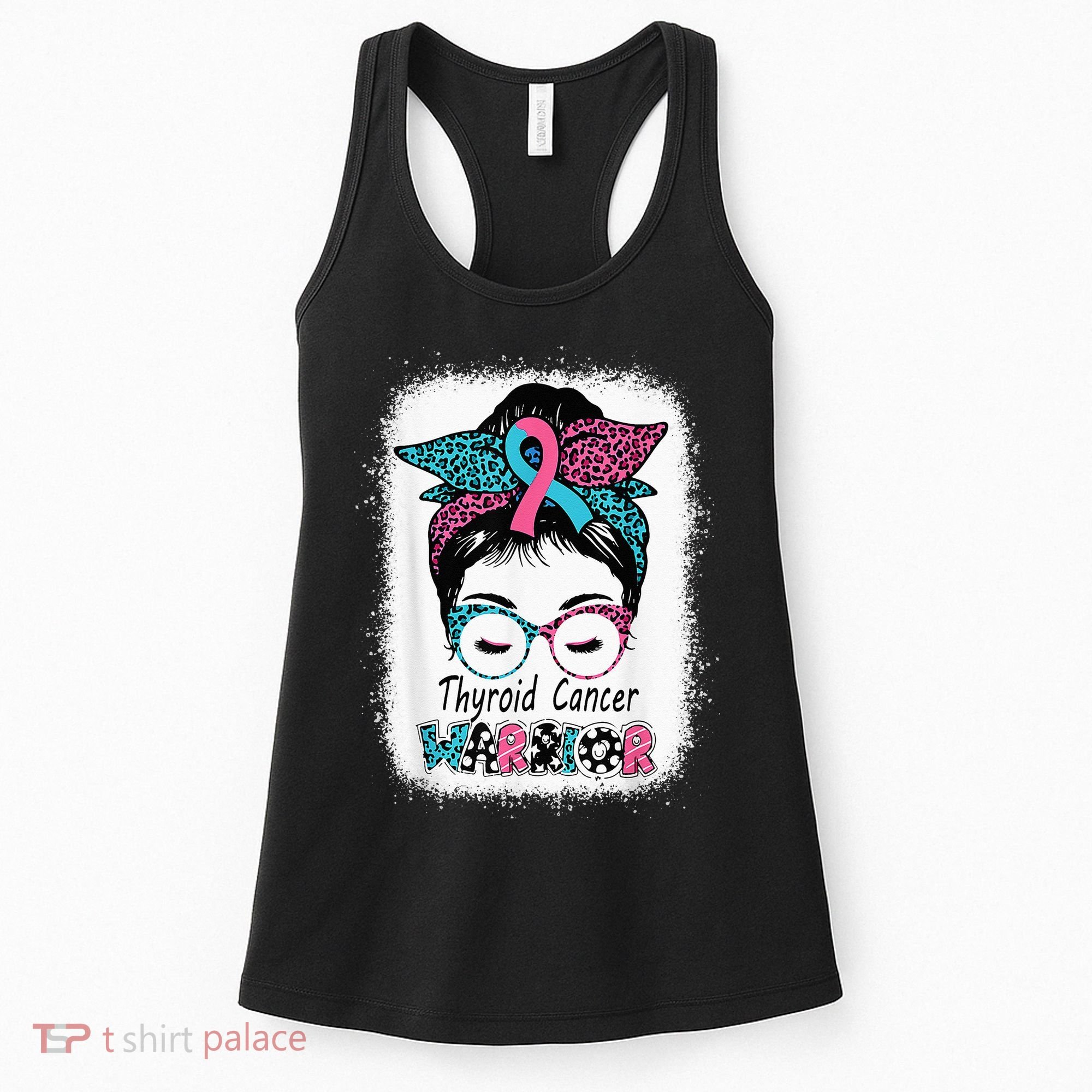 Thyroid Cancer Warrior Awareness Messy Bun Mom Teal Ribbon Women's Tank Top