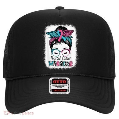 Thyroid Cancer Warrior Awareness Messy Bun Mom Teal Ribbon Hat
