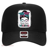 Thyroid Cancer Warrior Awareness Messy Bun Mom Teal Ribbon Hat thumb 0