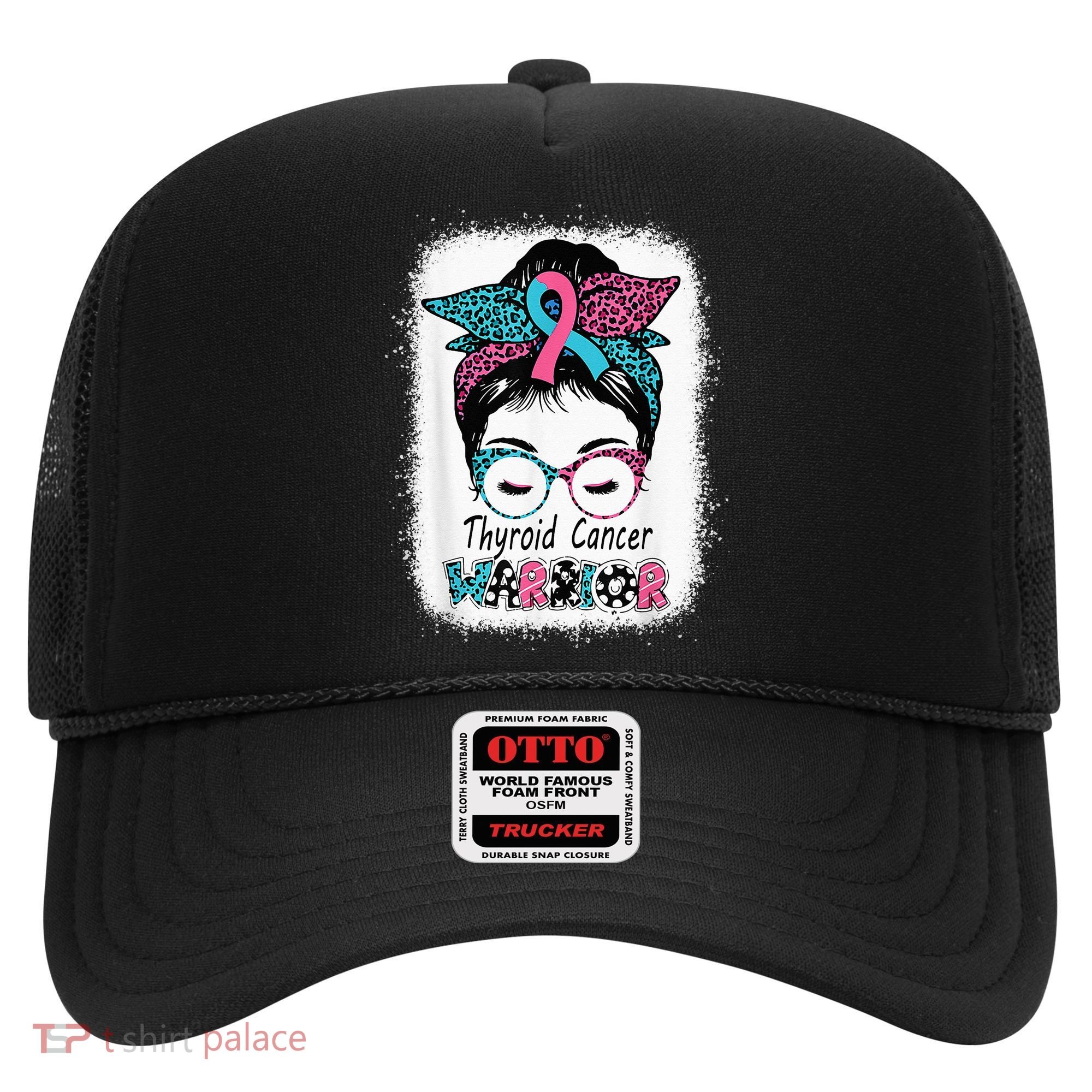 Thyroid Cancer Warrior Awareness Messy Bun Mom Teal Ribbon Hat