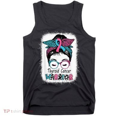 Thyroid Cancer Warrior Awareness Messy Bun Mom Teal Ribbon Tank Top