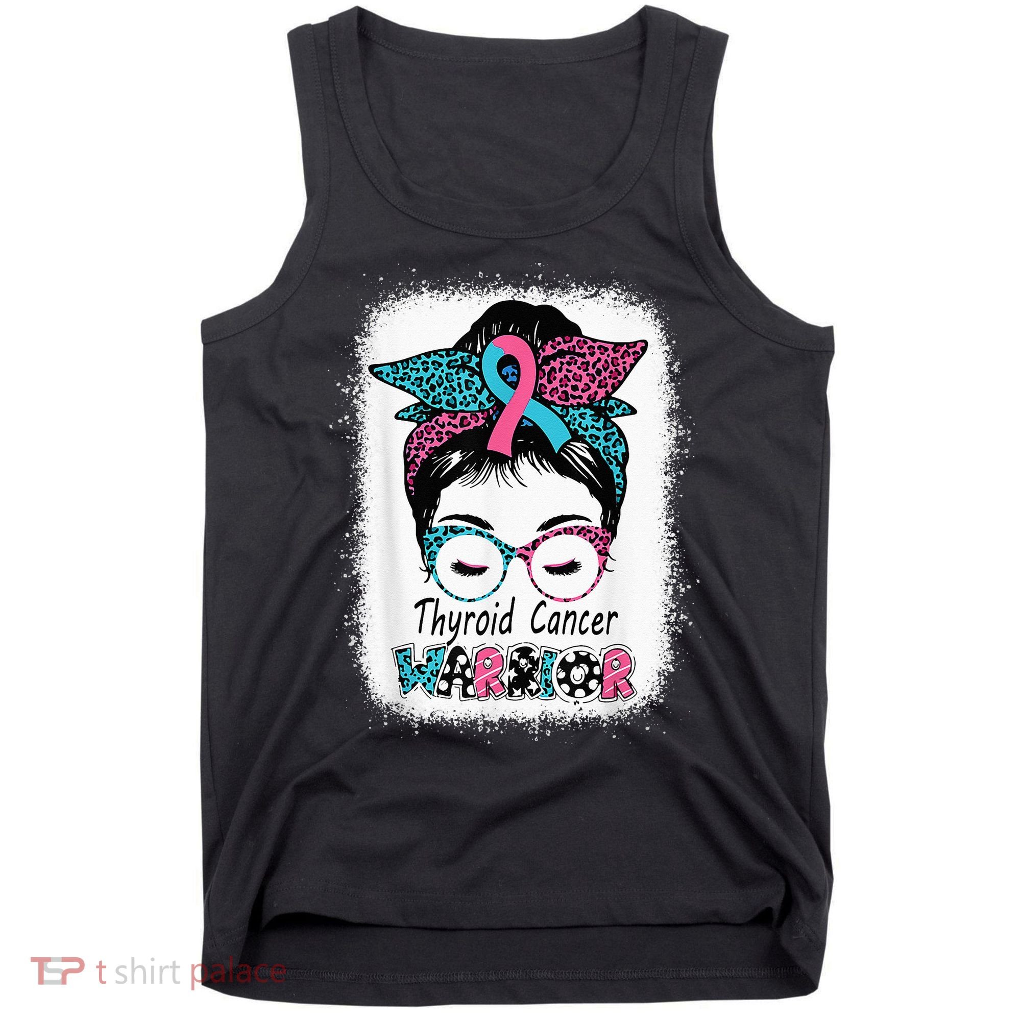 Thyroid Cancer Warrior Awareness Messy Bun Mom Teal Ribbon Tank Top