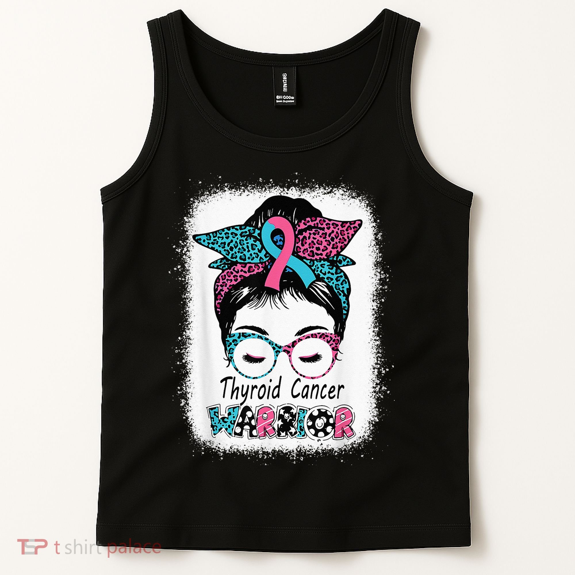 Thyroid Cancer Warrior Awareness Messy Bun Mom Teal Ribbon Tank Top