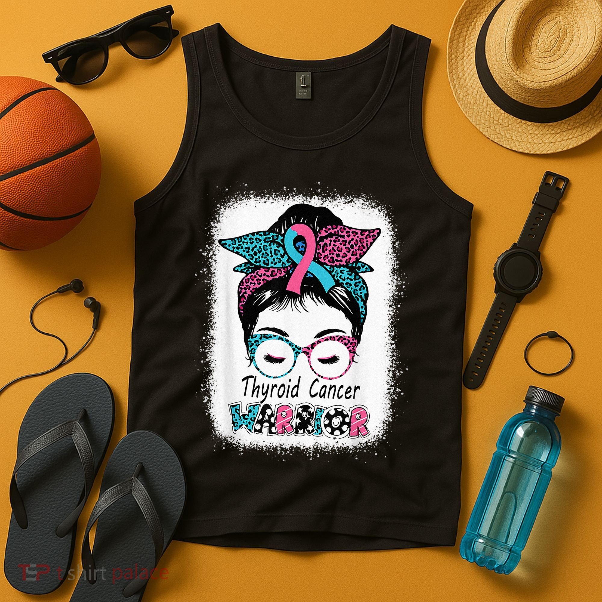 Thyroid Cancer Warrior Awareness Messy Bun Mom Teal Ribbon Tank Top