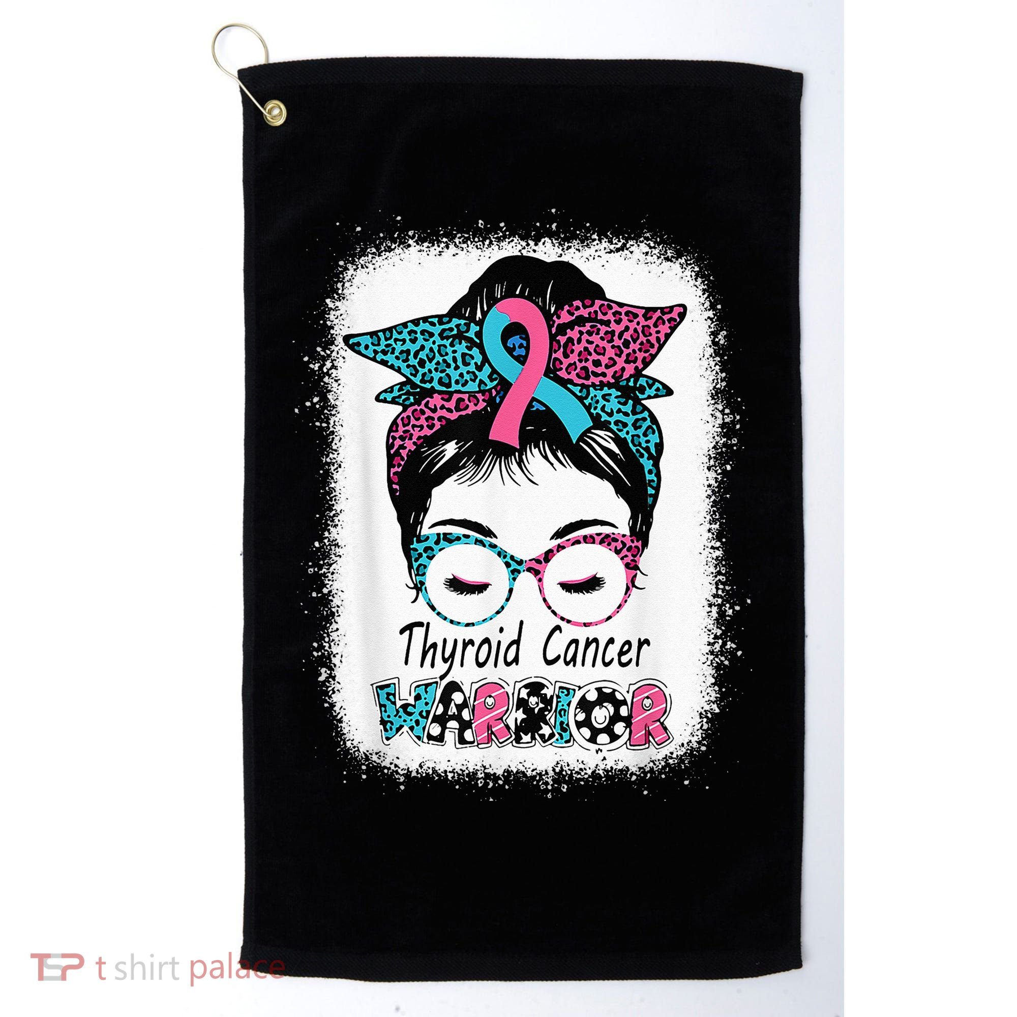 Thyroid Cancer Warrior Awareness Messy Bun Mom Teal Ribbon Golf Towel