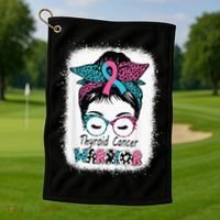 Thyroid Cancer Warrior Awareness Messy Bun Mom Teal Ribbon Golf Towel thumb 1