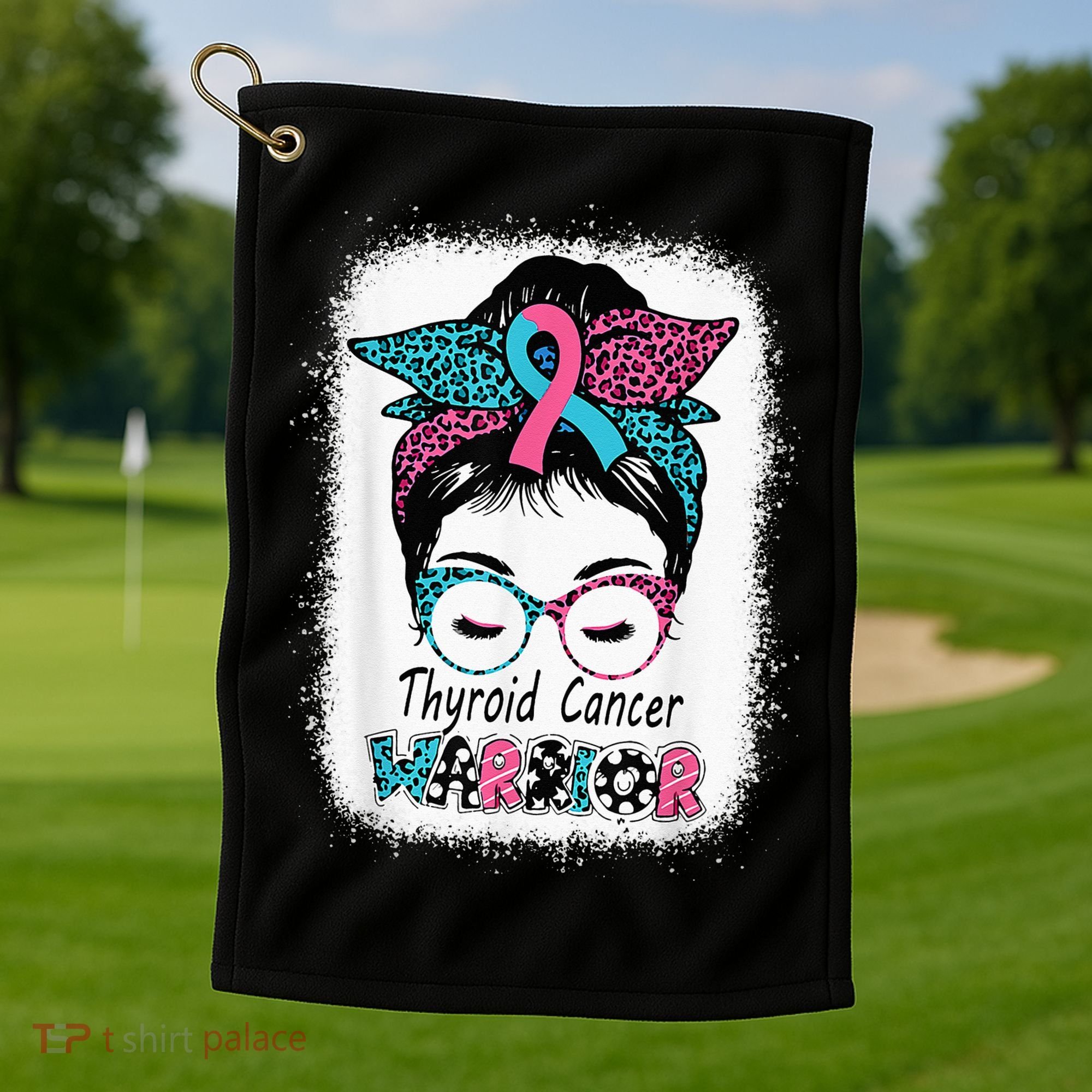 Thyroid Cancer Warrior Awareness Messy Bun Mom Teal Ribbon Golf Towel