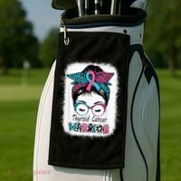 Thyroid Cancer Warrior Awareness Messy Bun Mom Teal Ribbon Golf Towel thumb 2