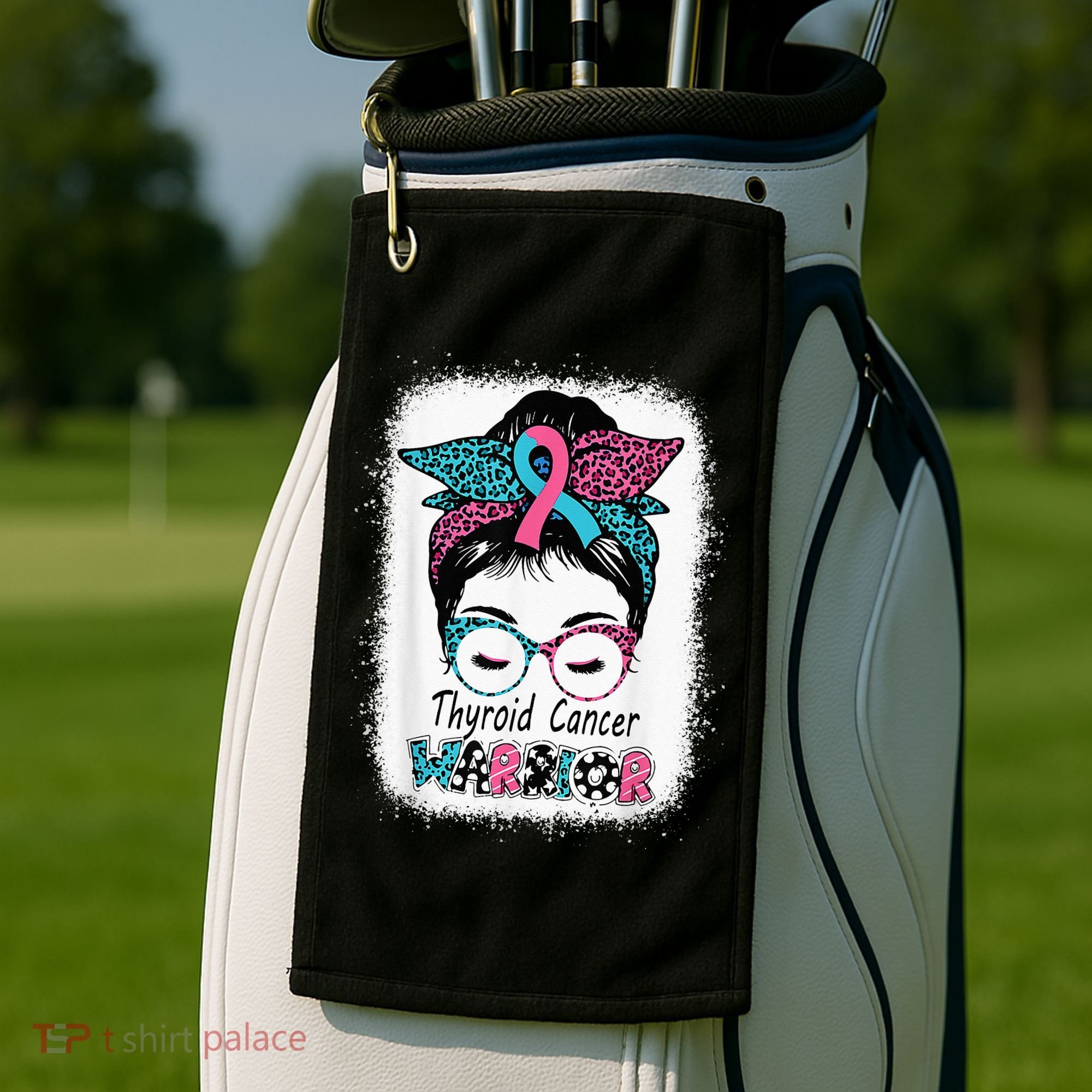 Thyroid Cancer Warrior Awareness Messy Bun Mom Teal Ribbon Golf Towel